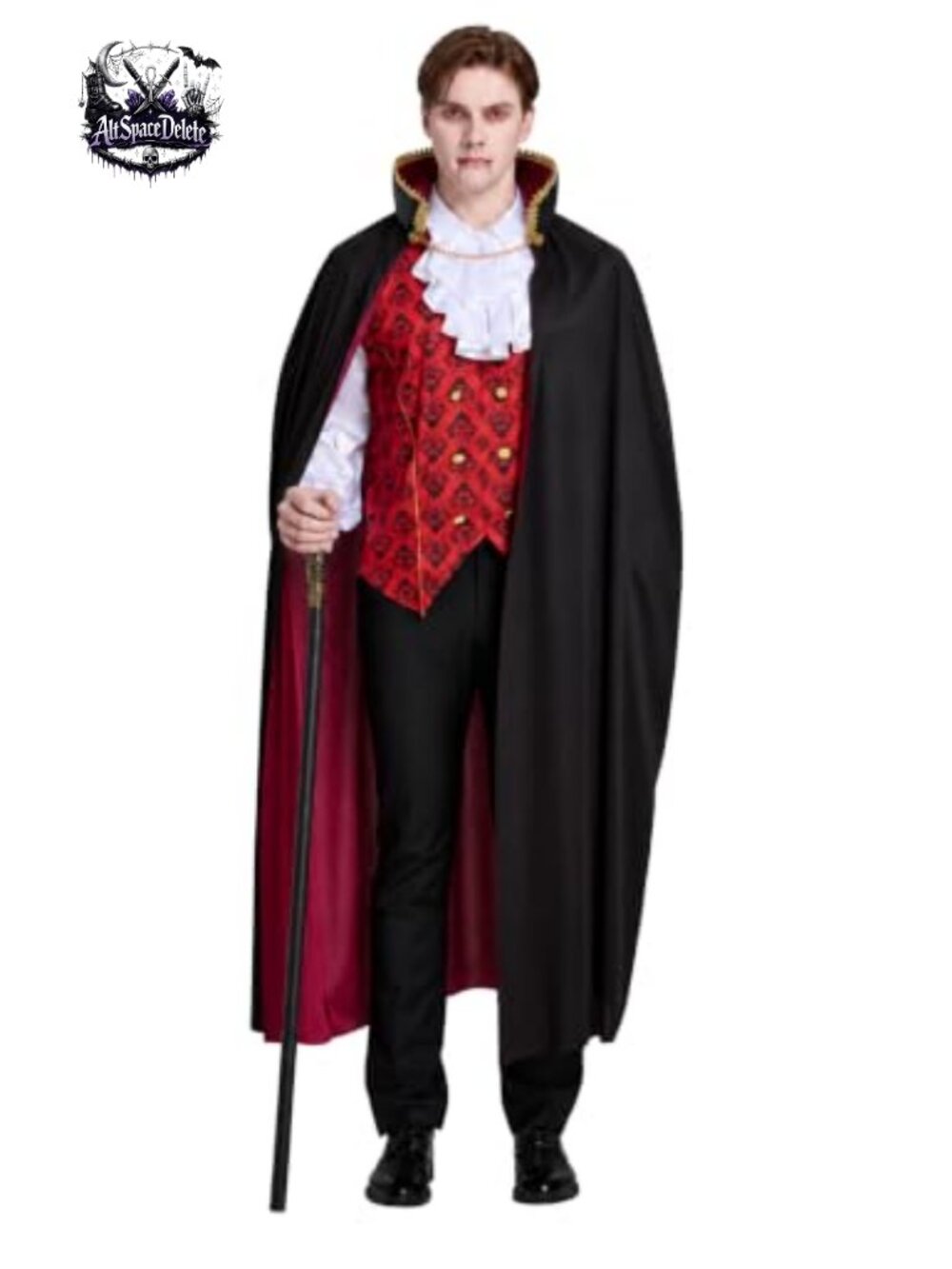 Men's Vampire Costume 5pc Set Gothic Cape Victorian Vest Cane Fangs Lace